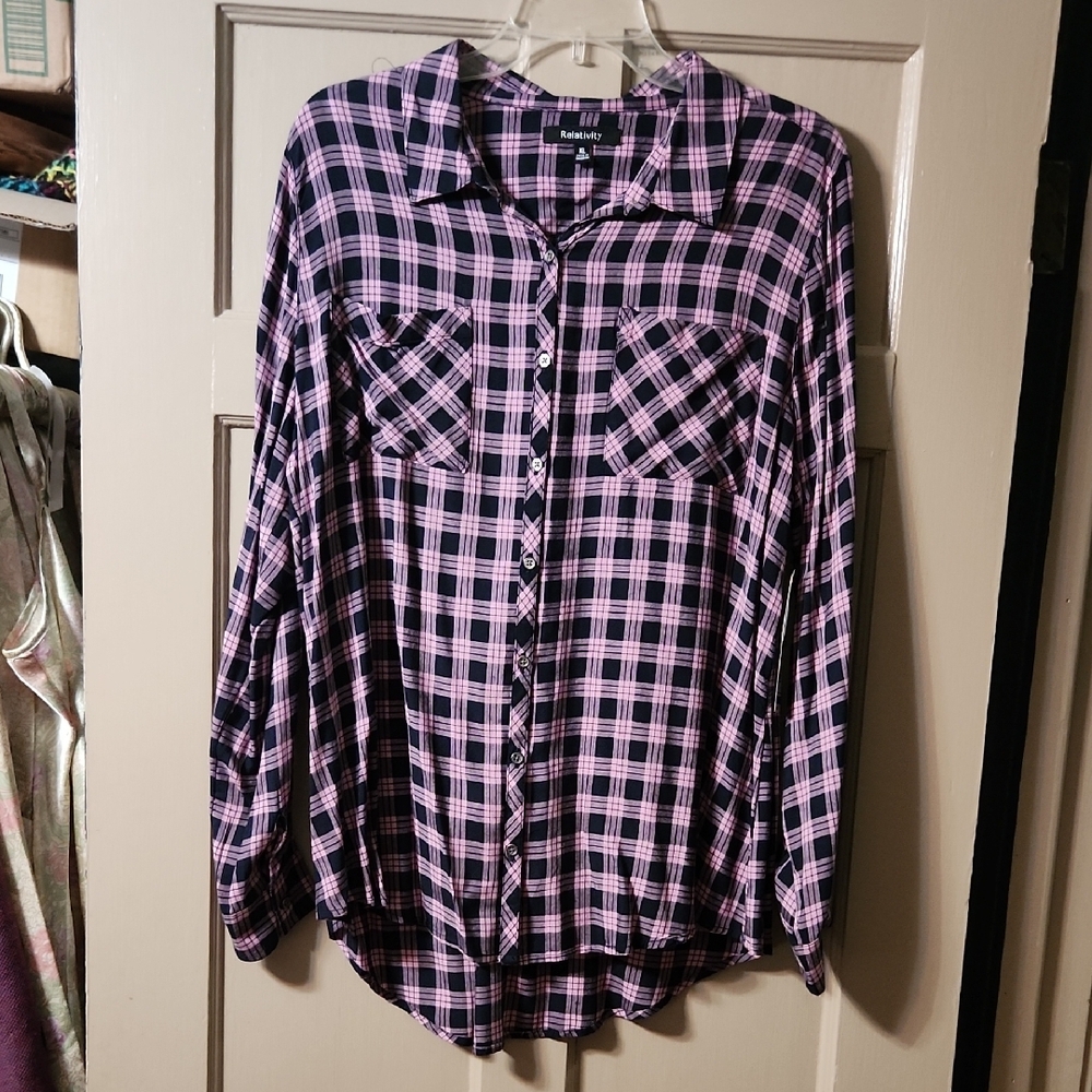 New with Tags Relativity Navy and Rose Plaid Shirt $48 Size XL